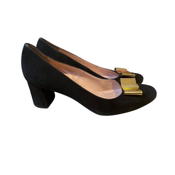 Kate Spade Black Suede Gold Bow Block Heel Pumps Size 8.5 Elegant Womens Shoes - Picture 4 of 7
